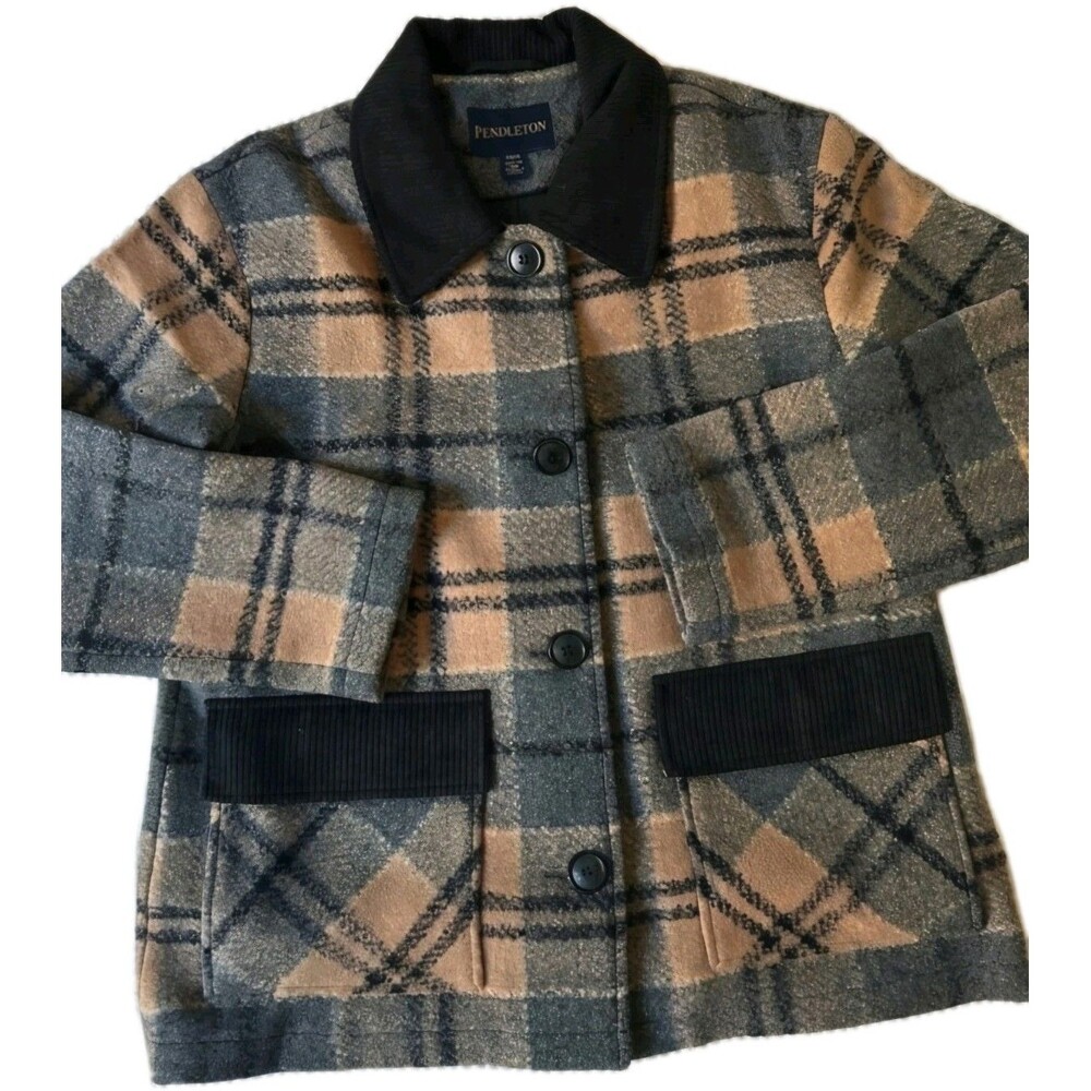 Pendleton Women's Wool Blend Barn Coat Tan Plaid Button Up Soft Feel Size XL